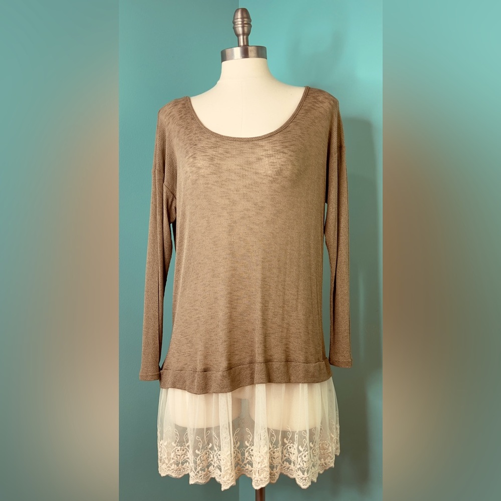 NWT Orange Creek Women's XL Boho Style Stretch Knit & Lace Tunic Top Beige Cream
